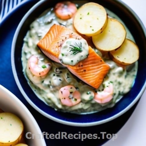 Baked Salmon with Creamy Dill Sauce and Shrimp